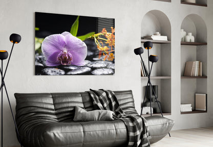 Lilac Orchid Orange Blooms Glass Wall Art