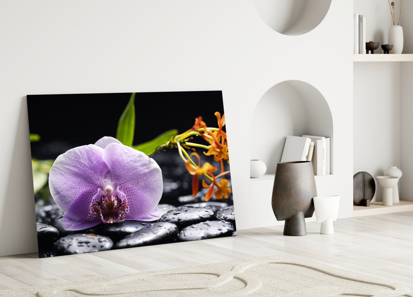 Lilac Orchid Orange Blooms Glass Wall Art