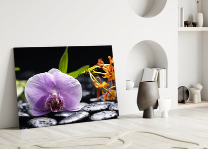Lilac Orchid Orange Blooms Glass Wall Art