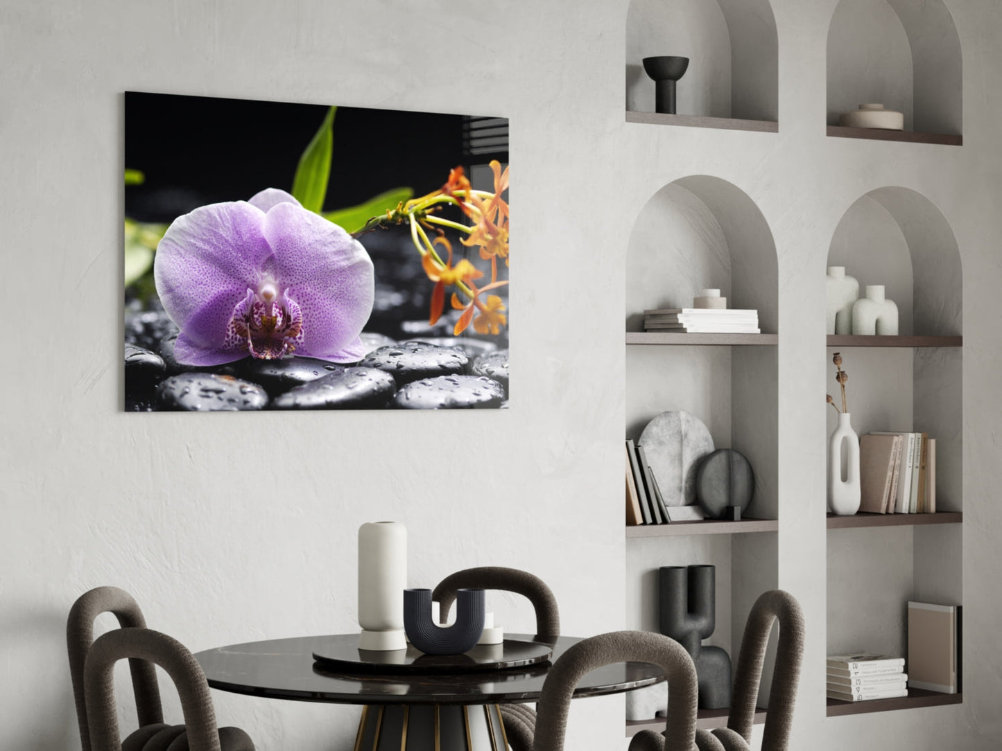Lilac Orchid Orange Blooms Glass Wall Art