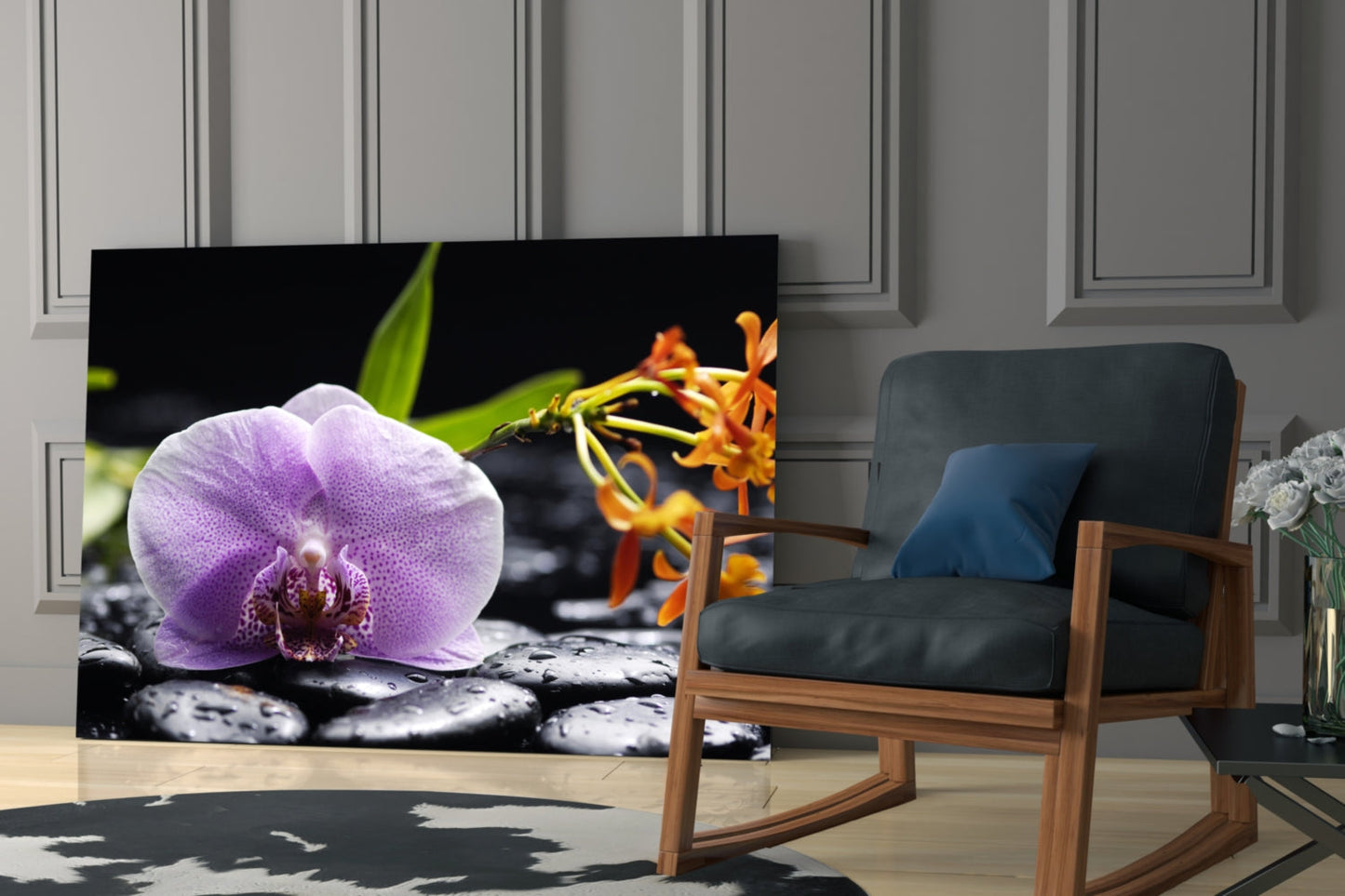 Lilac Orchid Orange Blooms Glass Wall Art