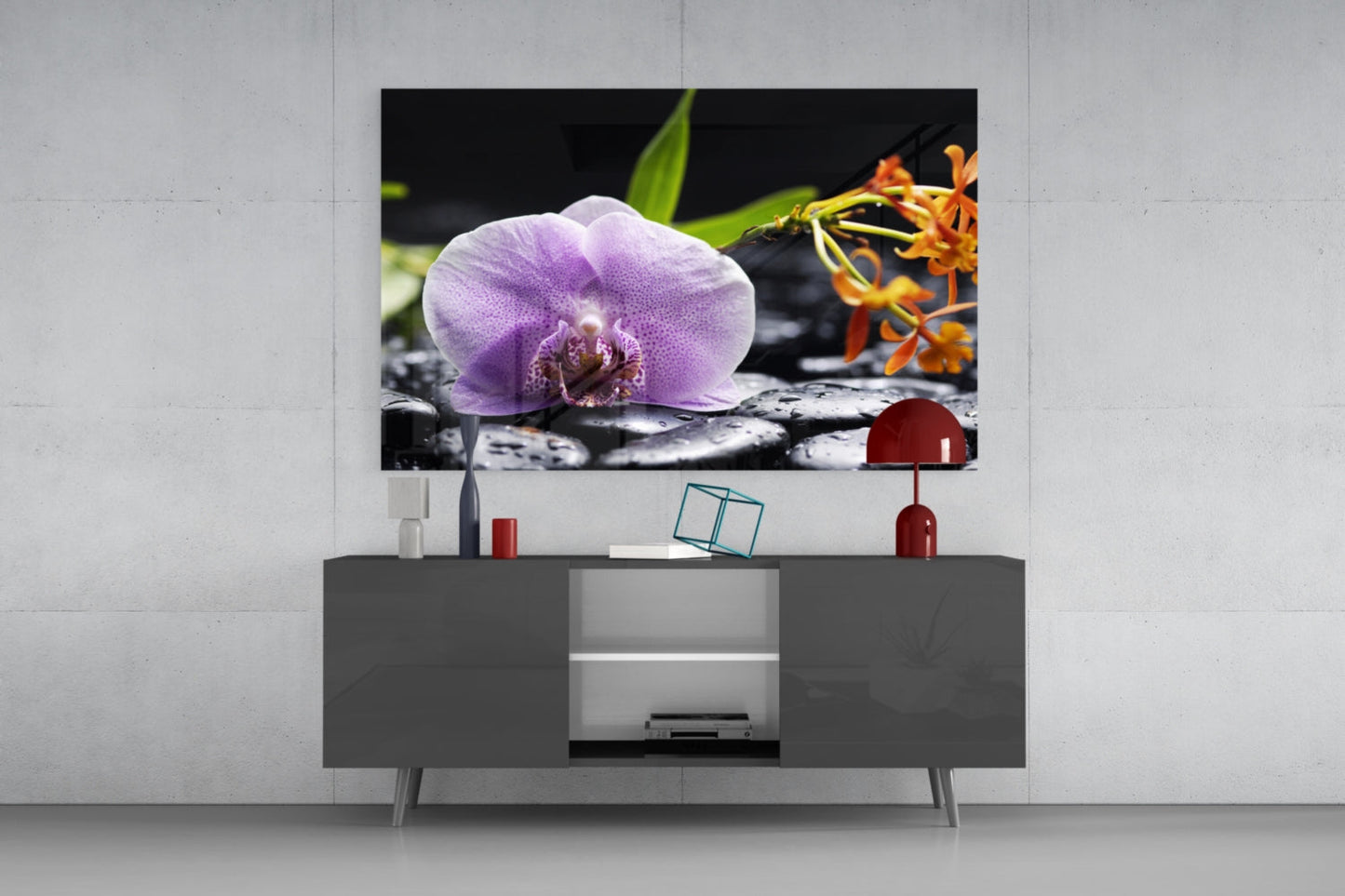 Lilac Orchid Orange Blooms Glass Wall Art