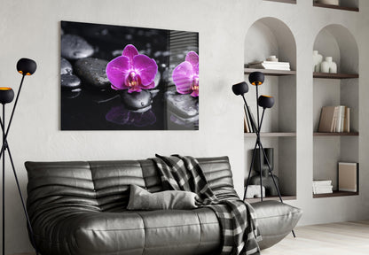 Magenta Orchids On Wet Zen Stones Glass Wall Art