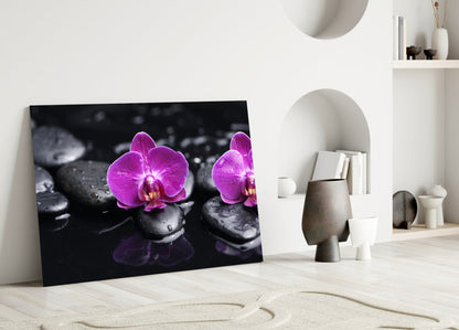 Magenta Orchids On Wet Zen Stones Glass Wall Art