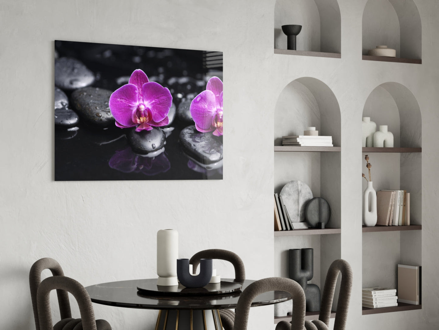 Magenta Orchids On Wet Zen Stones Glass Wall Art
