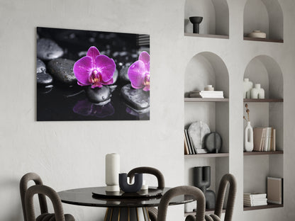 Magenta Orchids On Wet Zen Stones Glass Wall Art
