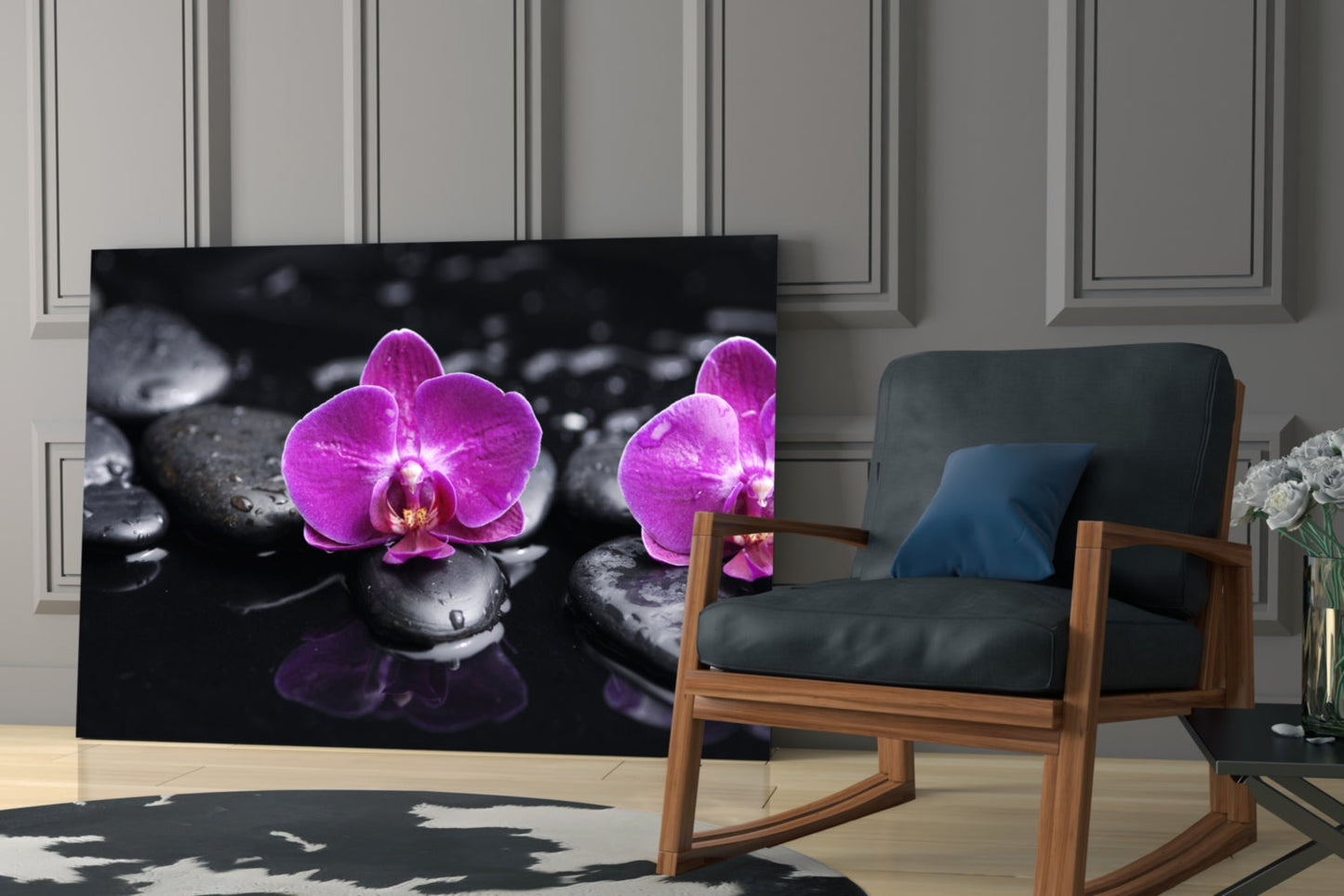 Magenta Orchids On Wet Zen Stones Glass Wall Art