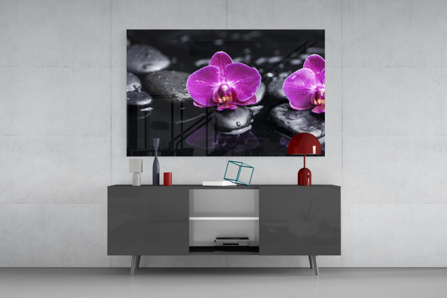 Magenta Orchids On Wet Zen Stones Glass Wall Art