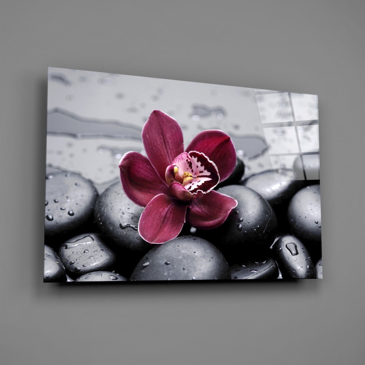 Burgundy Orchid Gray Pebbles Glass Wall Art