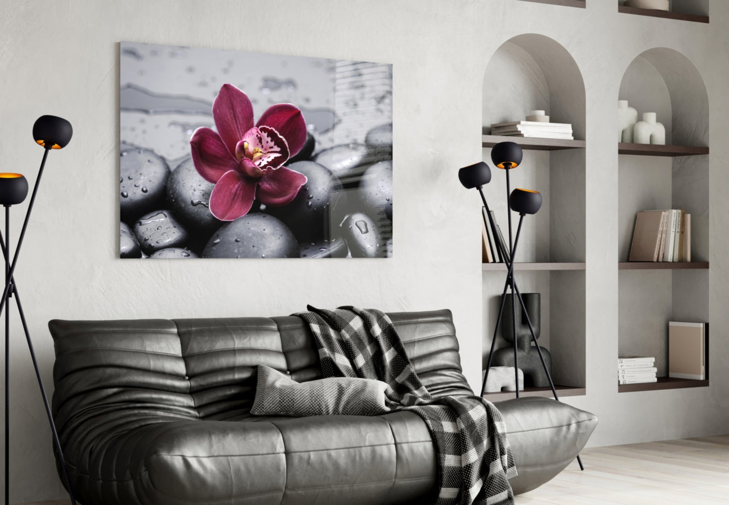 Burgundy Orchid Gray Pebbles Glass Wall Art