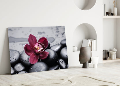 Burgundy Orchid Gray Pebbles Glass Wall Art