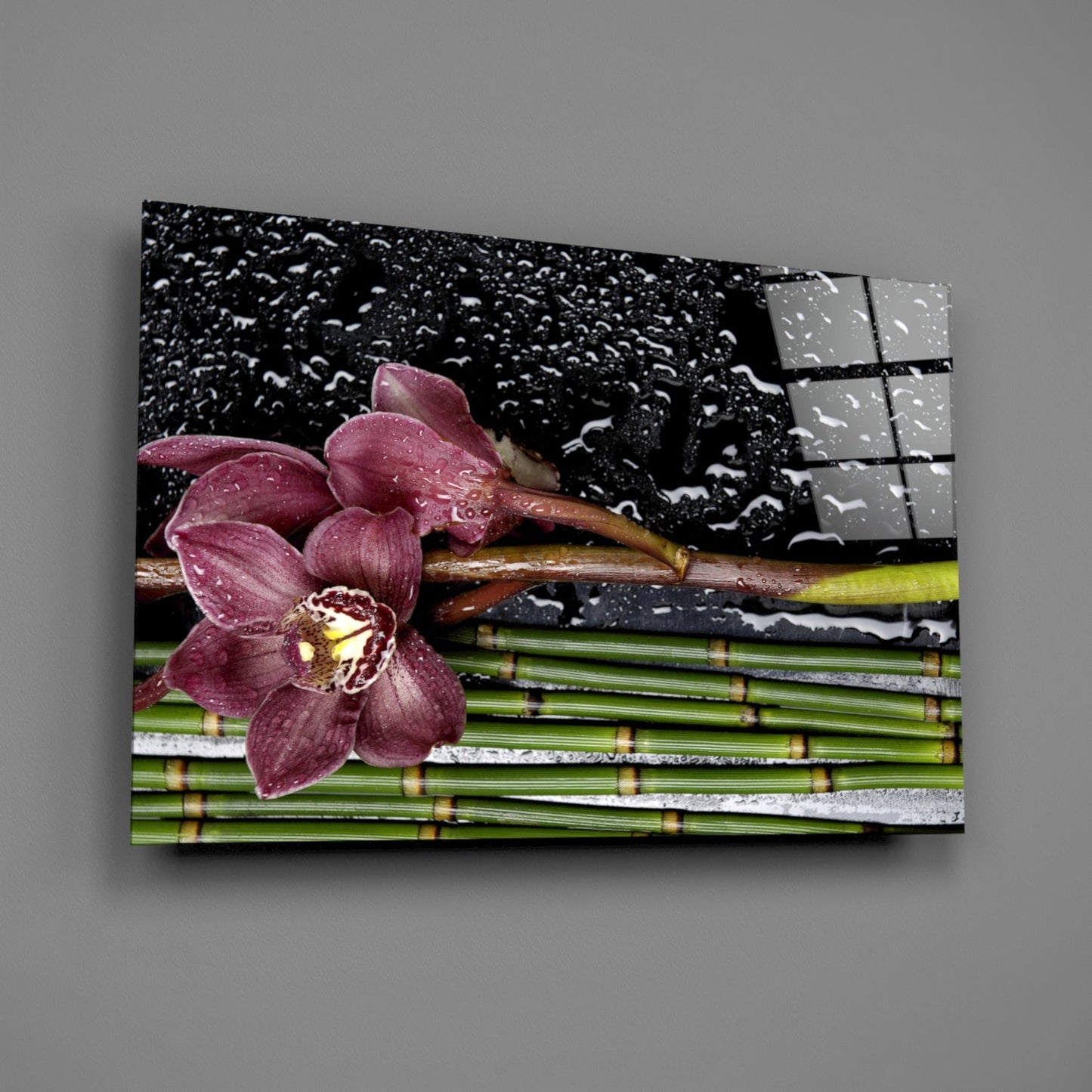 Burgundy Orchid Bamboo Stalks Glass Wall Art