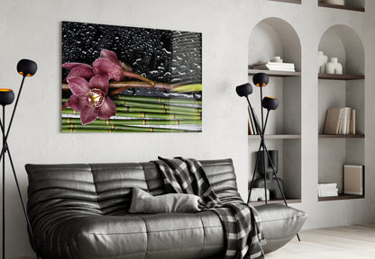 Burgundy Orchid Bamboo Stalks Glass Wall Art
