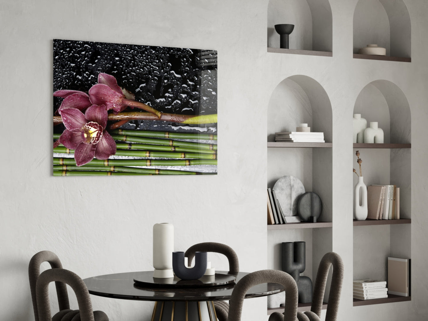 Burgundy Orchid Bamboo Stalks Glass Wall Art