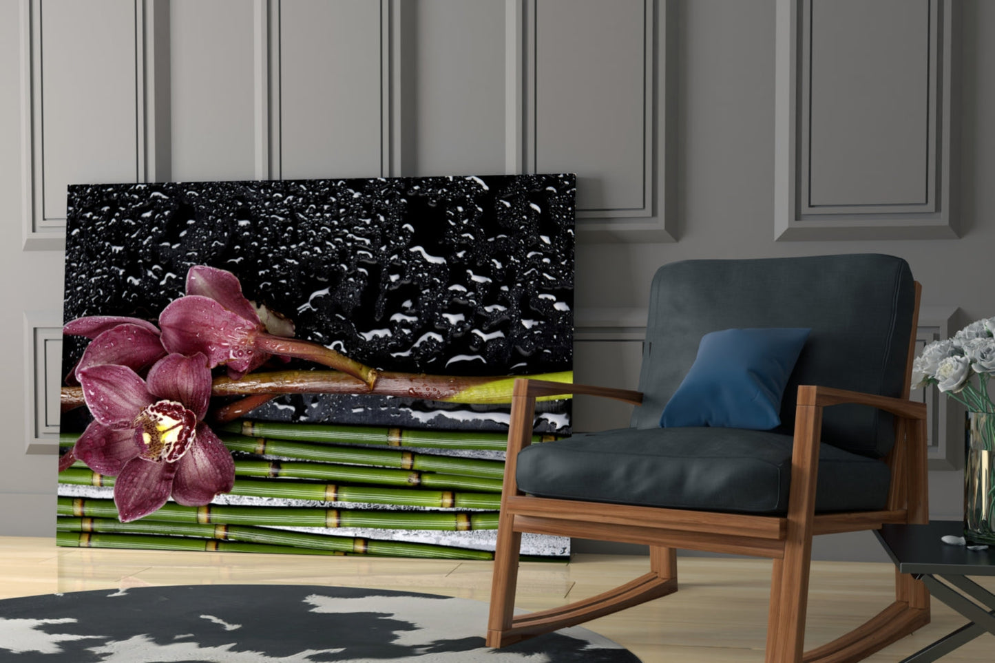 Burgundy Orchid Bamboo Stalks Glass Wall Art