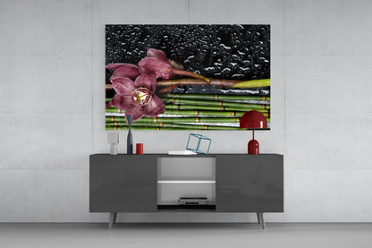 Burgundy Orchid Bamboo Stalks Glass Wall Art