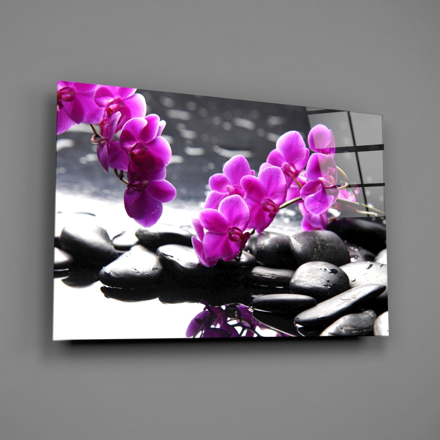 Pink Orchid Branch Zen Stones Glass Wall Art