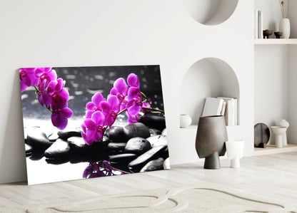Pink Orchid Branch Zen Stones Glass Wall Art