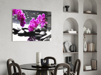 Pink Orchid Branch Zen Stones Glass Wall Art