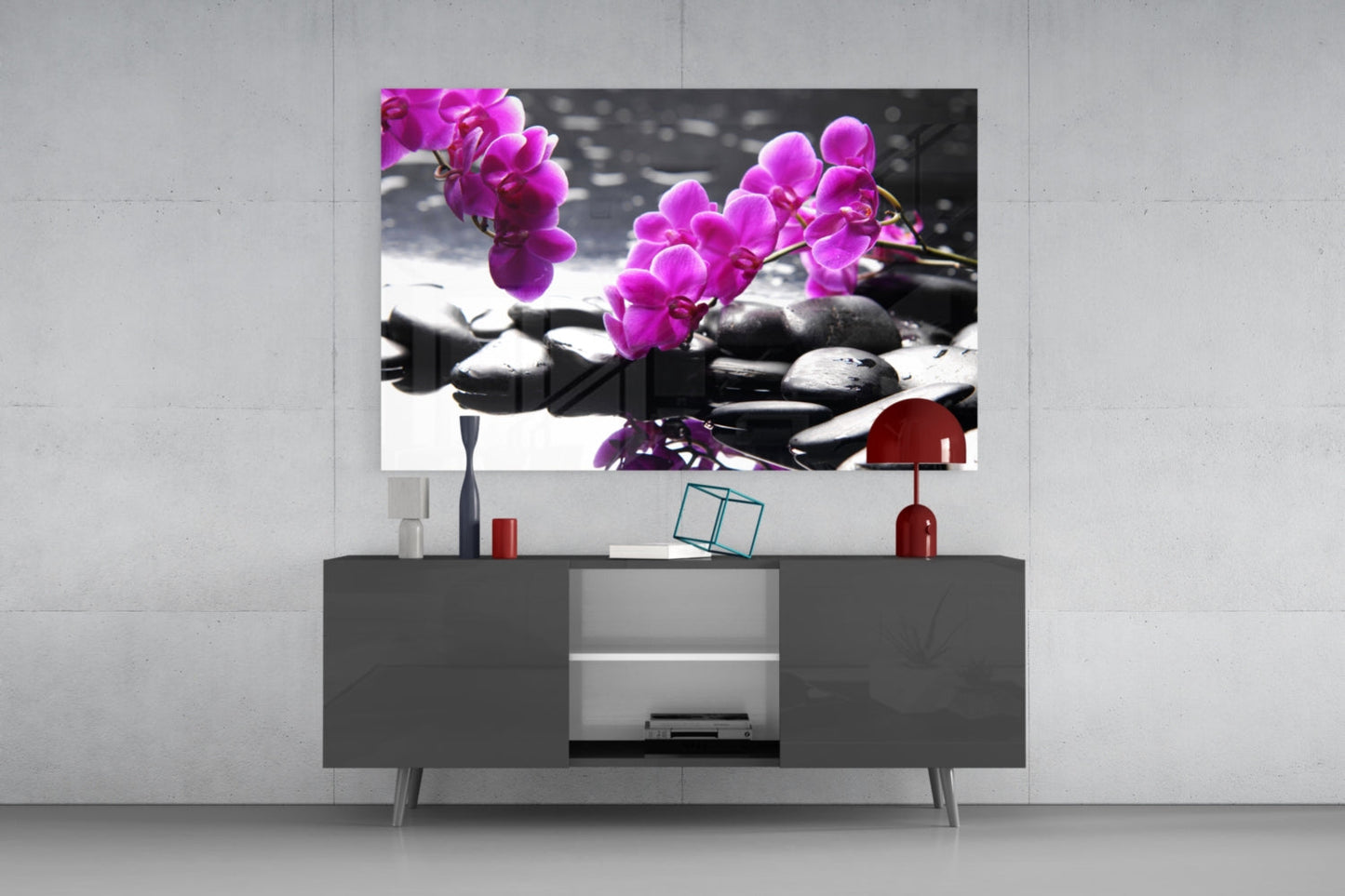 Pink Orchid Branch Zen Stones Glass Wall Art
