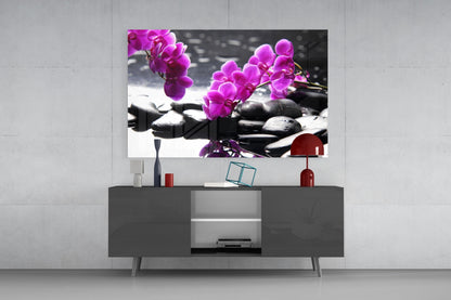 Pink Orchid Branch Zen Stones Glass Wall Art