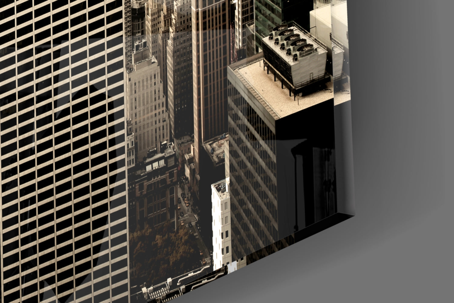 Isometric 3D rendering of Manhattan street canyon with rooftop terrace, showing glass wall art perspective of NYC skyscrapers and urban architecture.