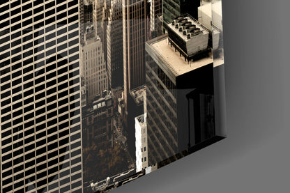 Isometric 3D rendering of Manhattan street canyon with rooftop terrace, showing glass wall art perspective of NYC skyscrapers and urban architecture.