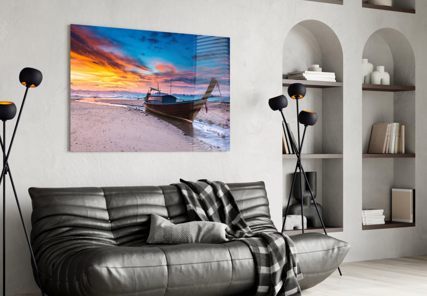 Longtail Boat Fiery Beach Sunset Glass Wall Art