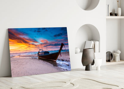 Longtail Boat Fiery Beach Sunset Glass Wall Art