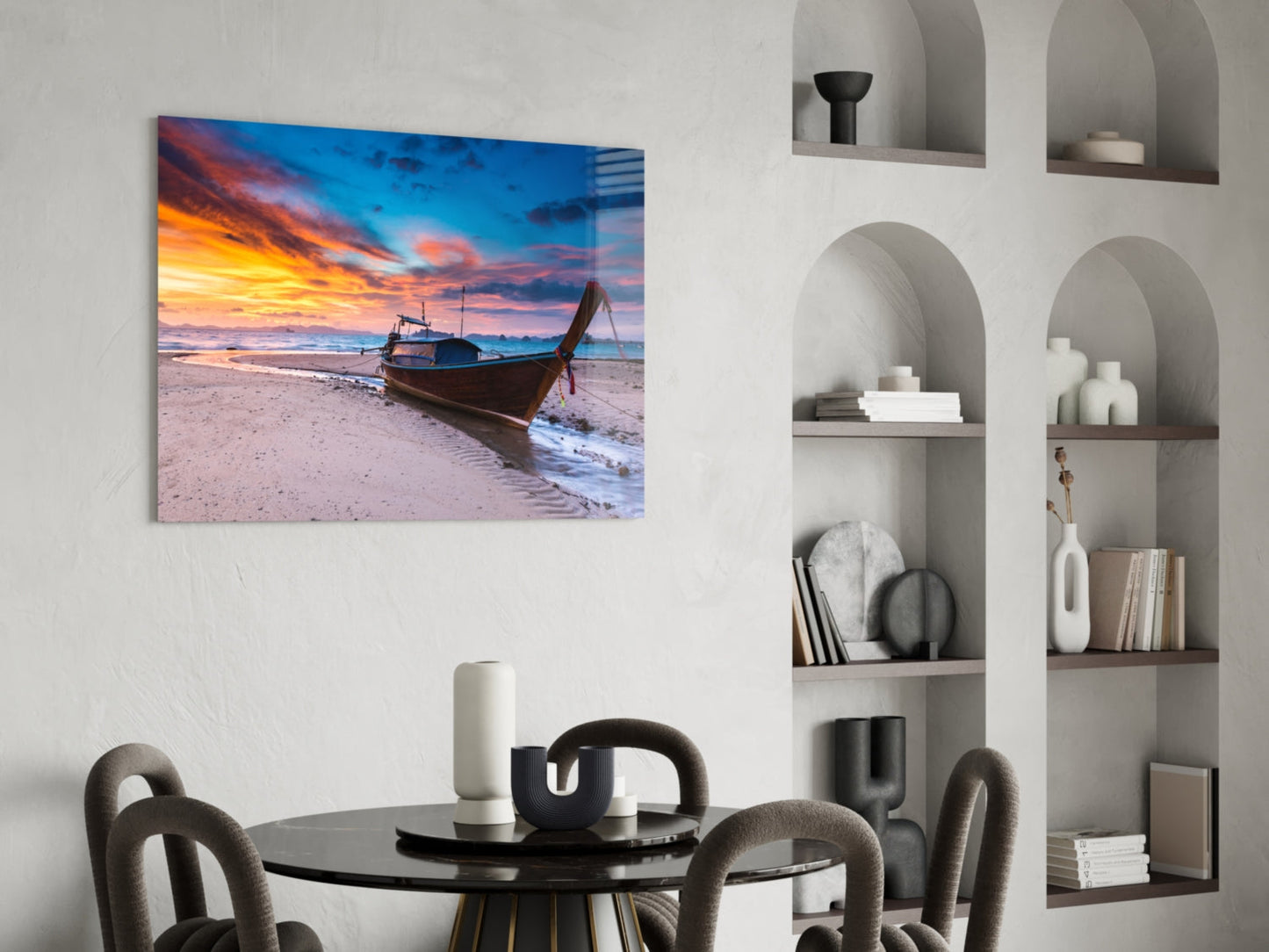 Longtail Boat Fiery Beach Sunset Glass Wall Art