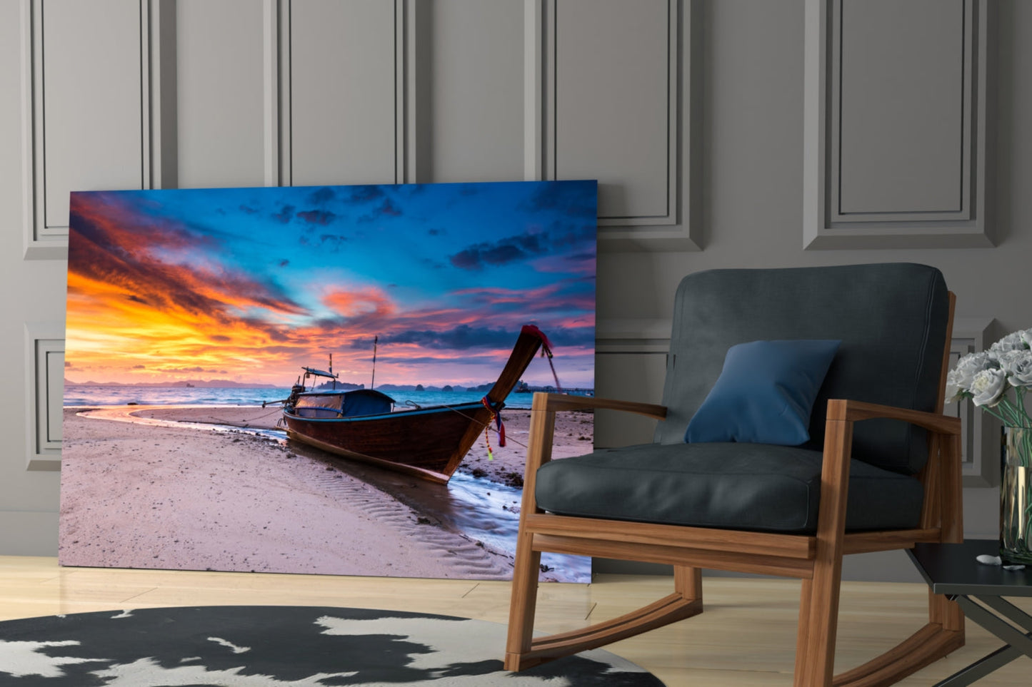 Longtail Boat Fiery Beach Sunset Glass Wall Art