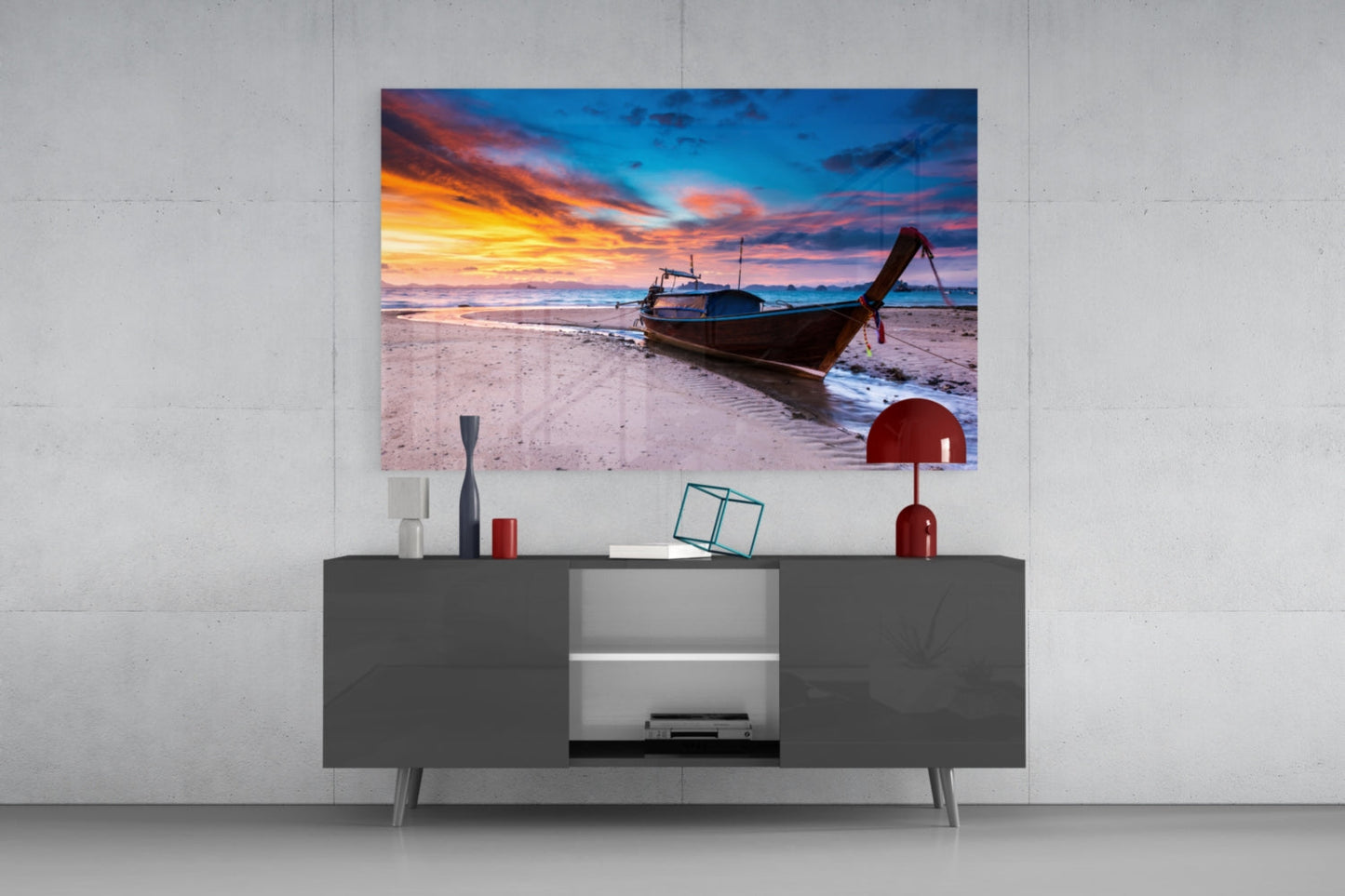 Longtail Boat Fiery Beach Sunset Glass Wall Art