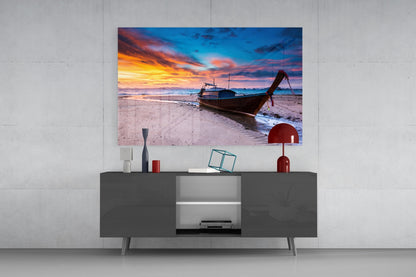 Longtail Boat Fiery Beach Sunset Glass Wall Art