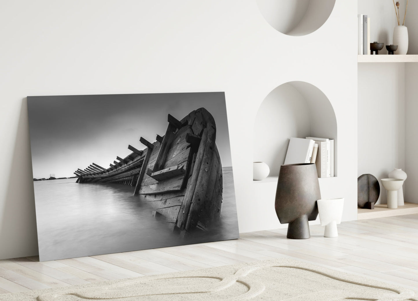 Black And White Shipwreck Ribs Glass Wall Art