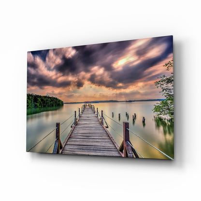 Dramatic Clouds Forest Lake Pier Glass Wall Art
