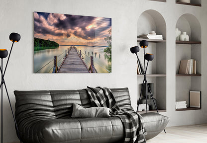Dramatic Clouds Forest Lake Pier Glass Wall Art