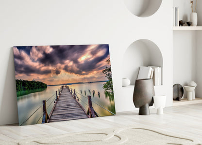 Dramatic Clouds Forest Lake Pier Glass Wall Art