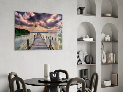 Dramatic Clouds Forest Lake Pier Glass Wall Art
