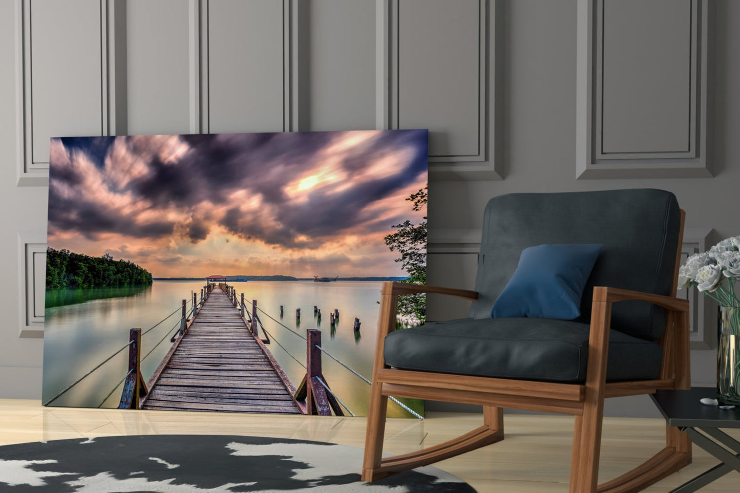 Dramatic Clouds Forest Lake Pier Glass Wall Art