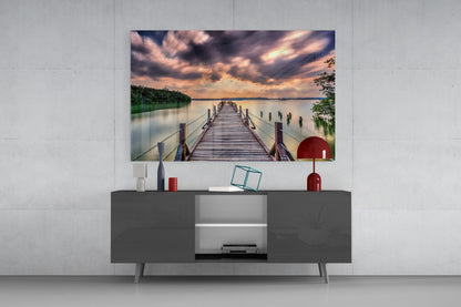 Dramatic Clouds Forest Lake Pier Glass Wall Art