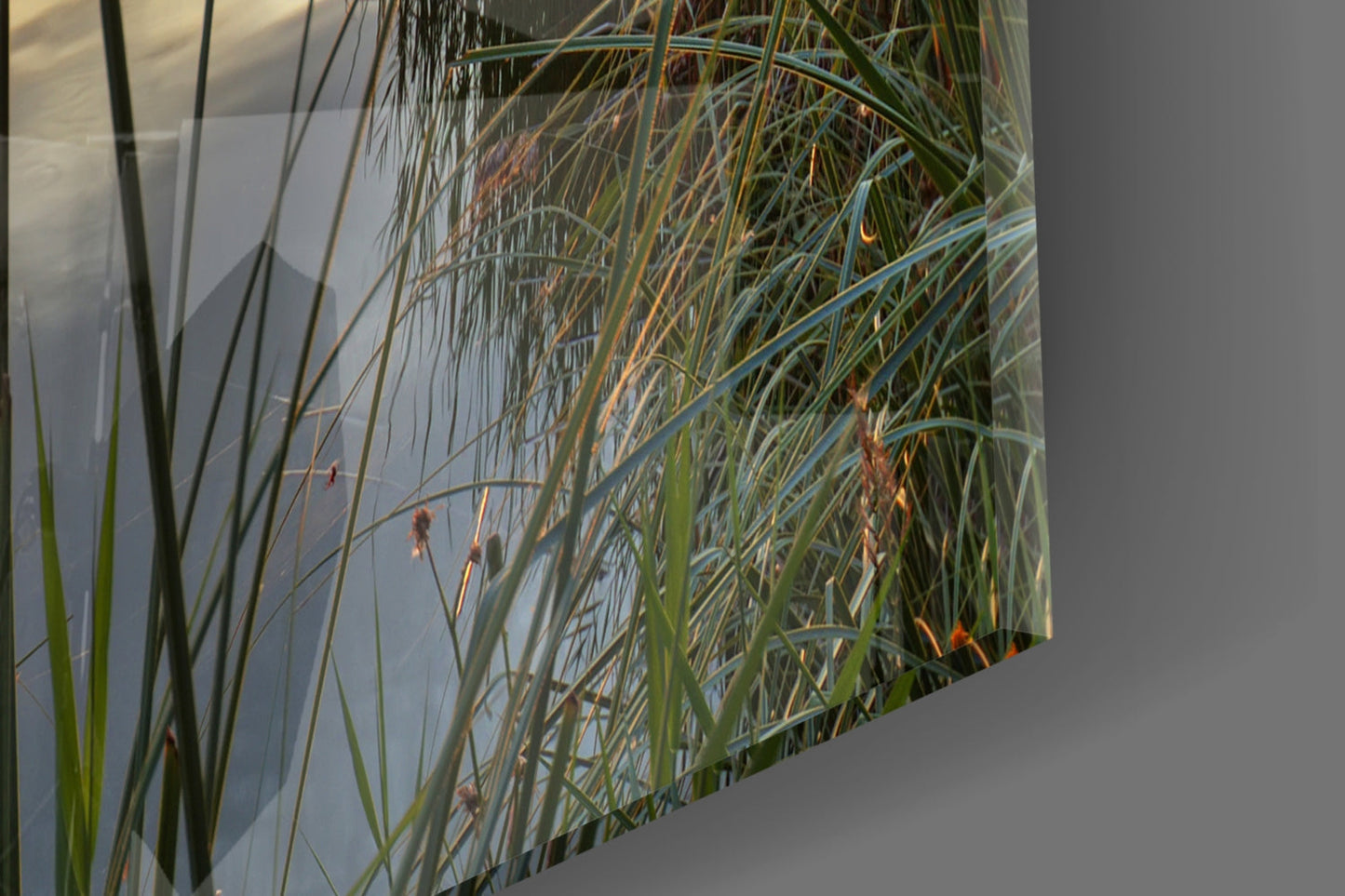 Lakeside Pier Boat Sunset Glass Wall Art