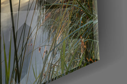 Lakeside Pier Boat Sunset Glass Wall Art