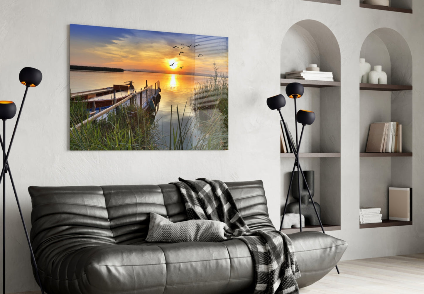 Lakeside Pier Boat Sunset Glass Wall Art