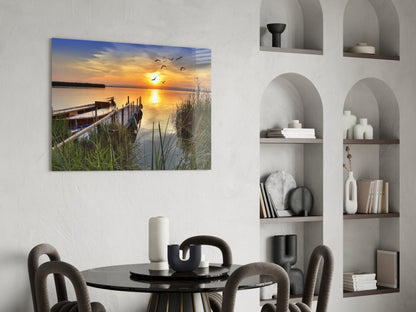 Lakeside Pier Boat Sunset Glass Wall Art