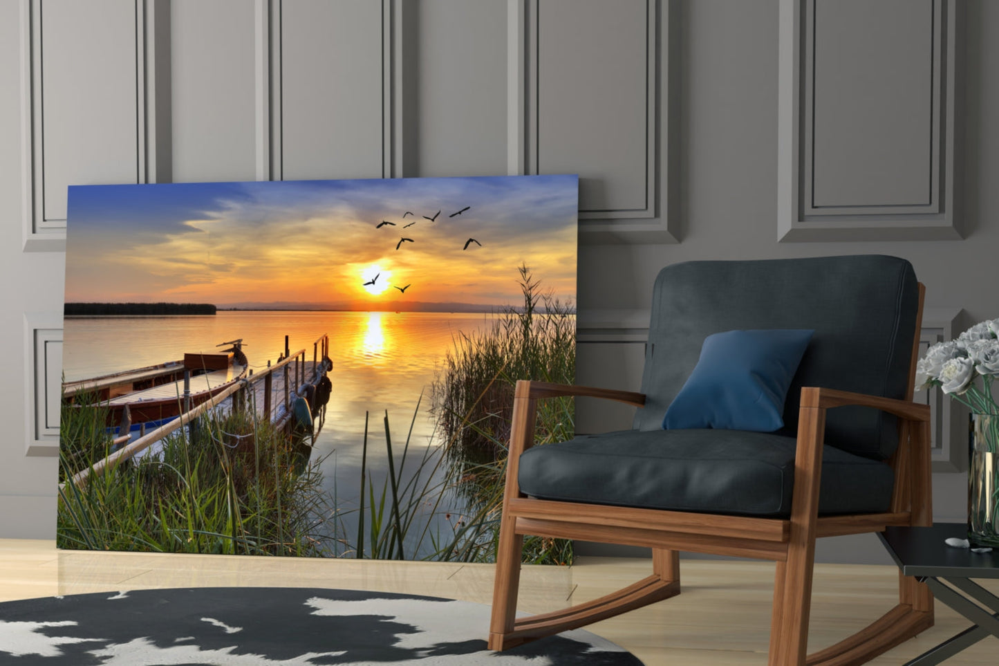 Lakeside Pier Boat Sunset Glass Wall Art