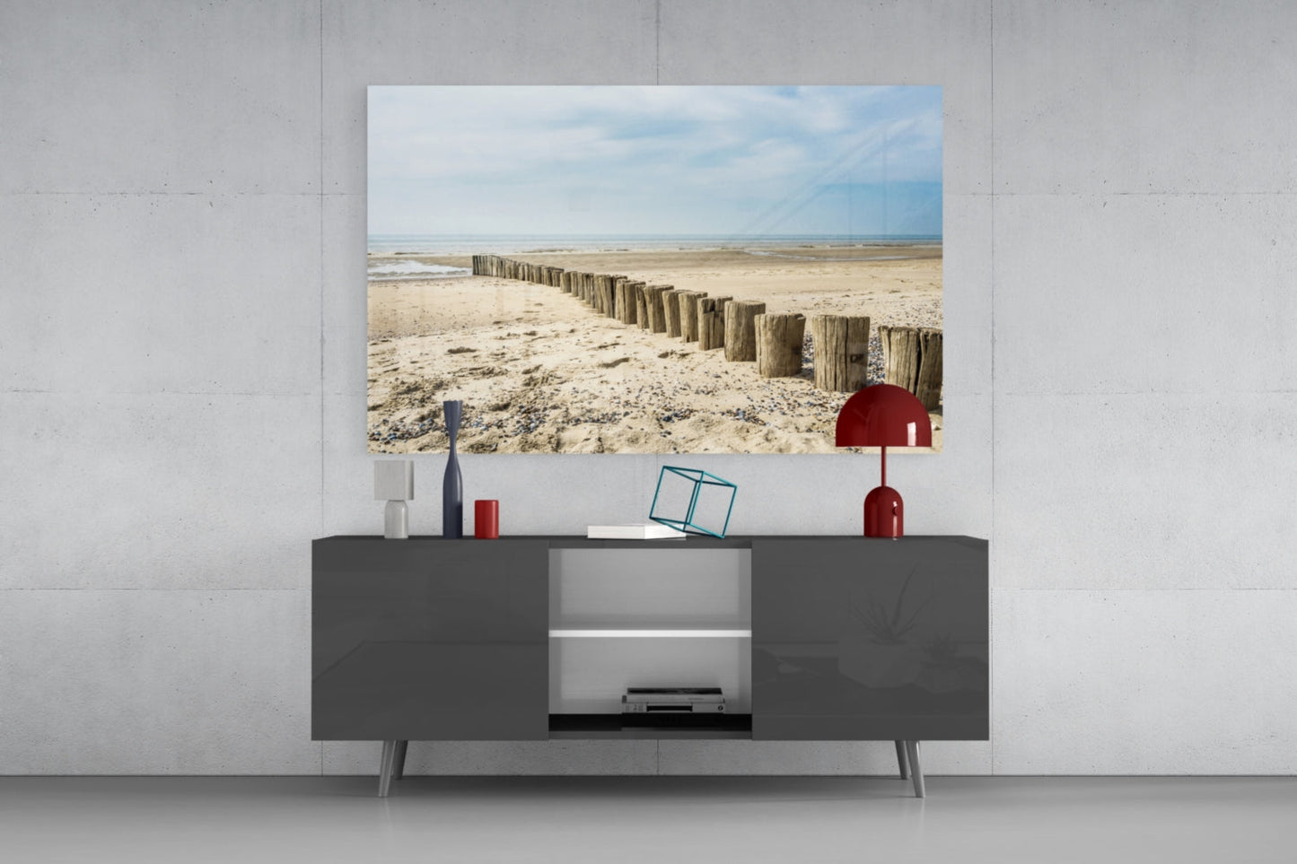 Weathered Wooden Posts Breakwater Beach Glass Wall Art