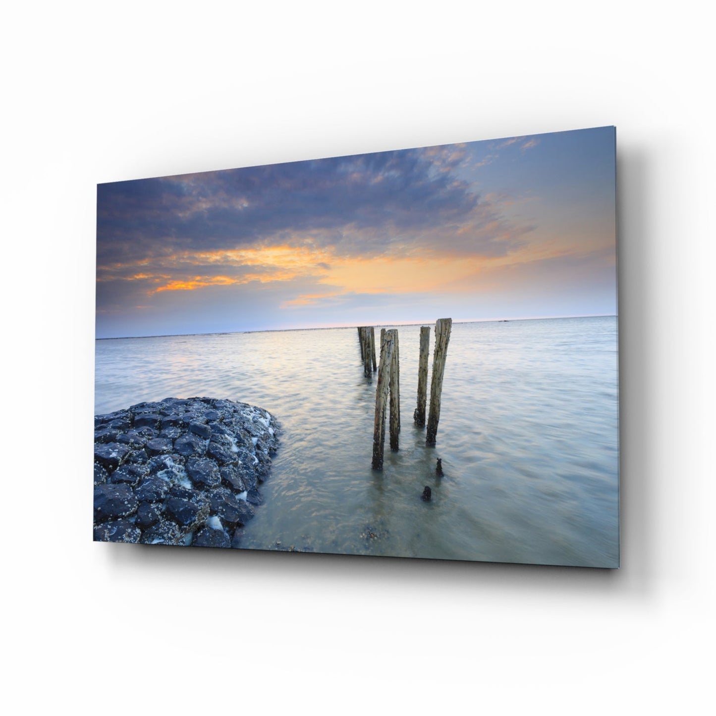 Breakwater Rocks Posts Sunset Glass Wall Art