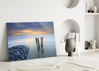Breakwater Rocks Posts Sunset Glass Wall Art