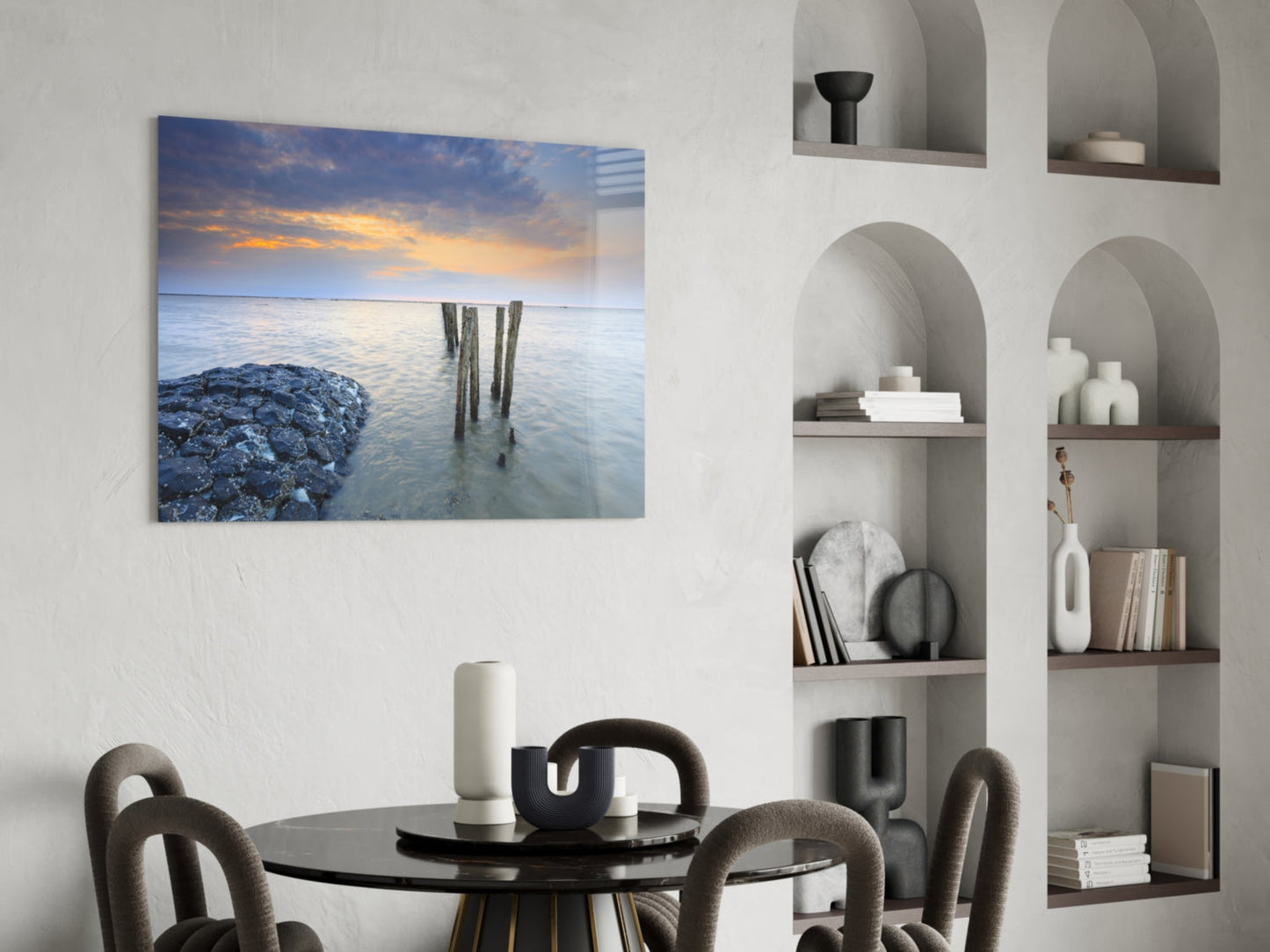Breakwater Rocks Posts Sunset Glass Wall Art