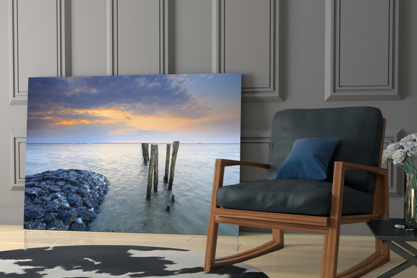 Breakwater Rocks Posts Sunset Glass Wall Art